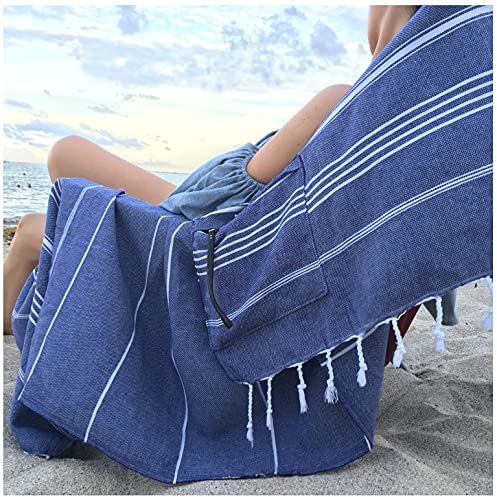 Aysesa - Toalla de Playa turca a Prueba de Arena con Bolsillo Oculto con Cremallera, 100% algodón, Manta de Gran tamaño sin Arena, XXL 38 x 75 Pulgadas, Extra Grande para Adultos, Regalo para Hombres