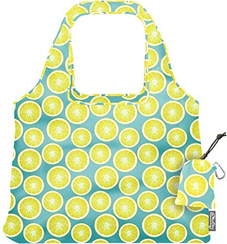 ChicoBag Vita Reusable Tote Bag with Carabiner Clip | Compact Reusable Shopping Bags | Eco Friendly, Lemon, Bag: 19''w x 13''h, Pouch: 3''w x 5''h