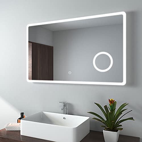 EMKE Badspiegel mit Beleuchtung 100x60cm Badezimmerspiegel mit 3X Kosmetikspiegel+3 Lichtfarbe+Touch IP44 energiesparend wandspiegel 3000K/4000K/6500K