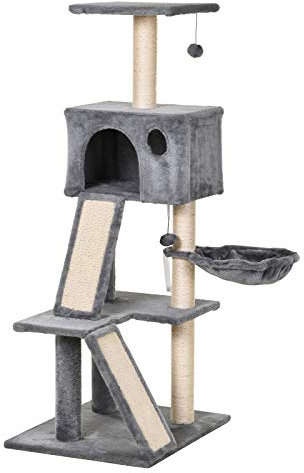 PawHut Katzenklettergerüst Kratzbaum mit Sisalpfosten, Katzenklettergestell Kletterbaum für Katzen Sisalseil Katzenspielzeug, Grau, 60 x 49 x 130 cm