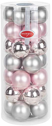 Goldschmidt Weihnachtskugeln Kugeldose 28 TLG 6cm | Christbaumkugeln aus Glas | Kugelbox mit 28 Kugeln (Soft Simplicity (rosa/grau))