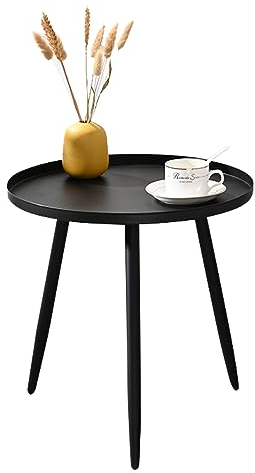 H JINHUI Black Round Side Table, Round Sofa Coffee Table, Modern Simple Metal Frame End Table, Bedside Table Nightstand for Small Spaces, Living Room, Bedroom, Balcony, 42(D) x 45(H) cm