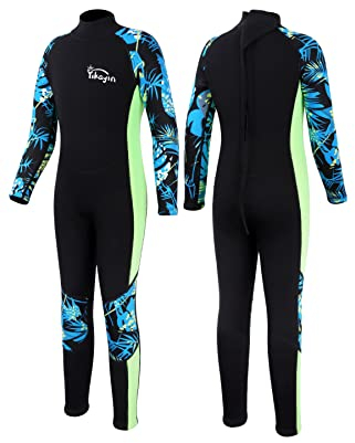 Yikayin Neoprenanzug Kinder, 2.5mm Lang Neopren Schwimmanzug Rücken-Reißverschluss, Warm Taucheranzug Jungen Mädchen zum Tauchen, Surfen, Schwimmen, Kajakfahren, SUP - Grüne Teens L