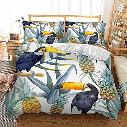 Lunoroey Bettwäsche-Set für Doppelbett, tropisches Design, Ananas, Tukan, Vogelmotiv, weich, pflegeleicht, mit Reißverschluss