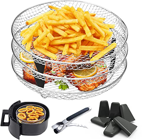 REKALRO Deepened Air Fryer Rack 3 Pcs for Ninja, Stackable Round 304 Stainless Steel Multi-Layer Dehydrator Accessories, Compatible with 4.8L-6.6L Tower
