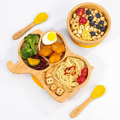 Vinsani Baby Bamboo Weaning Set, Suction Plate, Bowl & Spoon for Toddler | Food-Grade Silicone Baby Feeding Set, Non-Slip Base Bowl, BPA-Free Wooden Dinnerware for Kids, Elephant Themed - Blue