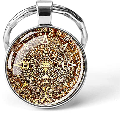 Azteken-Kalender-Schlüsselanhänger, antikes Mexiko, Kunst, Glas-Cabochon-Anhänger, Maya-Zivilisation, Metall-Schlüsselanhänger, silber, 25