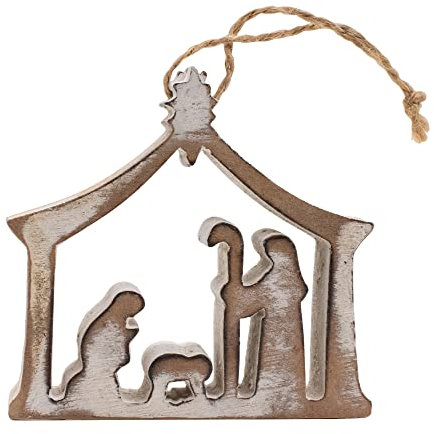 Weiß gekalkte Weihnachtskrippen-Silhouette aus Holz,Baumschmuck oder Tischplatte Szene,Heilige Familie religiöses Weihnachtsdenken,rustikale Bauernhaus-Ferienhaus-Dekoration (Ornament auf Schnur)