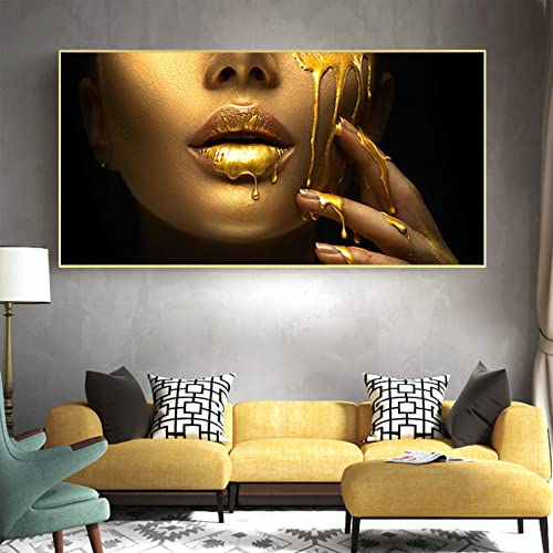 HMDKHI Frau in Gold - Top-Model Mit Goldener Rose und Lippen - Blaue Frau Wand-Bilder - Moderne Wand Collection Dekoration - Rahmenlos (80 x 160 cm)