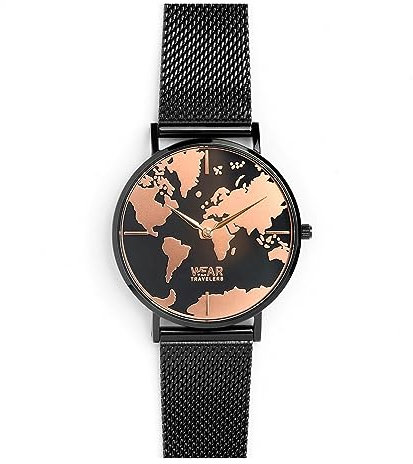 WearTravelers Damen Weltkarte Armbanduhr - Stahl 326L Wasserdicht (Wasserdicht - 3ATM) - Geschenkidee für die Reisende Frau - Globetrotter Modell (Schwarz)