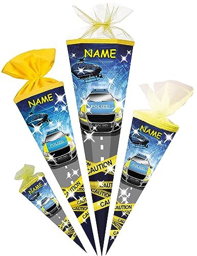 alles-meine.de GmbH Schultüte - mit 3D Glitzer - Effekt ! Polizei Auto & Helikopter 35-85 cm Größe wählbar inkl. Name - Zuckertüte - Tüllabschluß/Filzabschluß - eckig..