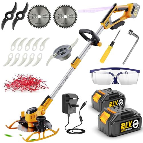 WeeLun Grass Trimmers Cordless & Edger Garden Strimmer Electric with 2 x 4.0Ah Battery And Fast Charger, 4 Types Blades, With Auxiliary Wheels, for Garden Brush Cutter Clearing Weeds