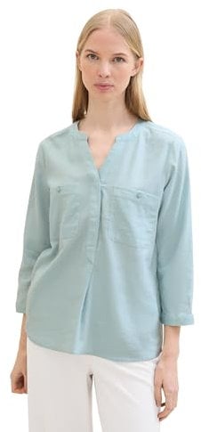 TOM TAILOR Damen Basic Leinen-Bluse mit Brusttaschen, dusty mint blue, 34