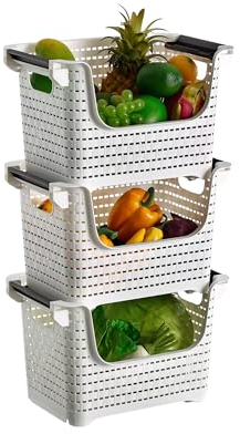 Qualiware 3 Pack Plastic Stackable Storage, Stacking Baskets for Organising Fruits Vegetables Condiments Toiletries Snacks Kitchen Bathroom, Stackable with Open Front, Strong Handles, Wheels