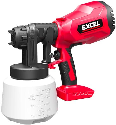 Excel 18V Cordless 1000ml Spray Gun Body Only (Battery & Charger Not Included) - 1000ml Tank Capacity, 2 Size Nozzles,3 spray patterns,Cleaning Needle & Brush, 18V Spray Gun