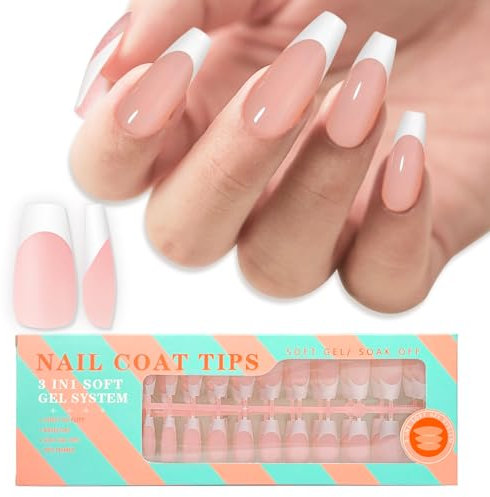 Medium Coffin Gel Nail Tips French Tips-Nude Soft Gel Fake Nail Tips 15 Sizes 150Pcs Pre-Primer&Base Coat&Color Gels French Nail Tips, DIY Press On Nail Tips for Nail Extension