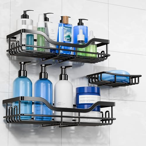 OMAIRA 3-Pack Shower Caddy with Soap Holder, Adhesive Rustproof No-drill Strudy Loading Inside Shower Organizer Shelves Rack Storage Bathroom Organization for Smooth Wall Glass Tile, Black (X-Large)