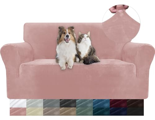 YSTELLAA Samt Sofa Überzug 2 Sitzer, Stretch Sofahusse Universal, Sofaschoner rutschfest, Sofa Covers Mit Armlehne, Couch Bezug Schutz Katze, Waschbare Couchschoner, Rosa