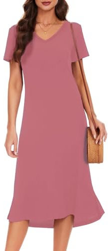 VOBCTY Lässiges Damen-T-Shirt-Kleid, kurzärmelig, Sommer, seitlicher Schlitz, lockerer V-Ausschnitt, Dusty Rose, Klein