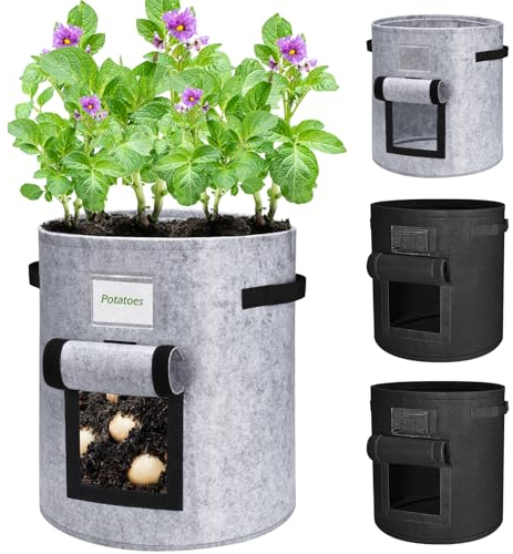 Potato Grow Bags 4 Pack, 15 Gallon Breathable Planter Bags with Handle, Thickened Non-woven Fabric for Vegetables/Fruits/Flower (2 Black+2 Grey)