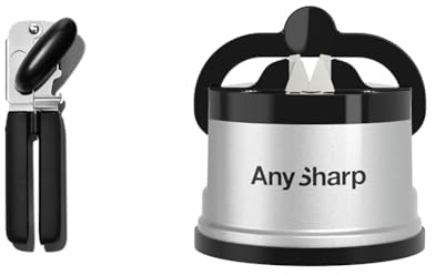 OXO Good Grips Soft Handled Tin Opener & AnySharp Knife Sharpener, Hands-Free Safety, PowerGrip Suction, Safely Sharpens All Kitchen Knives