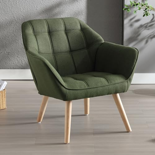 Wahson Sessel Wohnzimmer gepolsterter Ohrensessel mit Massivholzbeinen moderner Armlehnstuhl, Leinen, Grün