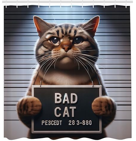 ABAKUHAUS Katze Duschvorhang, Lustiges böses Kätzchen Klassisches Mugshot Whimsical Animal Concept Lustiges Design, Stoffliches Gewebe mit Haken, 175 x 200 cm, Umbra Blasses Blaugrau