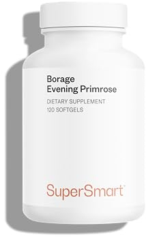 Huile de Bourrache et d’Onagre + Vit E - Peau Éclatante - Hydratation en Profondeur - Huiles pressées à froid - Confort prémenstruel - 300 mg de GLA - 120 gélules faciles à avaler - Vegan - SuperSmart