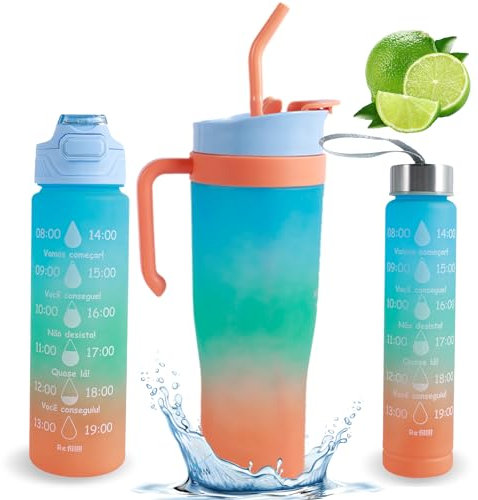 3Pcs Water Bottle with Straw, Plastic Drinks Bottle, Sports Water Bottles with Time Markings, Leakproof Water Bottle, Food Grade Water Bottle Set 260ml/700ml/1200ml for Outdoor Gym School(Blue orange)
