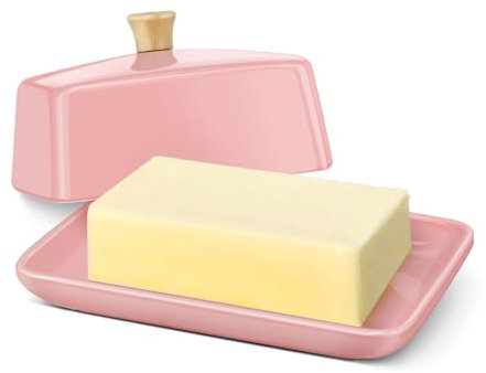 Flexzion Ceramic Pink European Butter Dish with Lid for Countertop (7 Inch) - Wide 2 Stick Double Butter Holder for Counter, Cream Cheese Container Storage Keeper