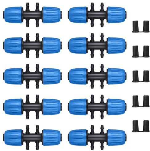 10 Pcs Drip Irrigation Fittings Kit, MSDADA Drip Irrigation System Connector Set for 1/2'' to 1/4'' Irrigation Tube, Anti-Drop Connectors Barbed & Threaded Double-Locked Irrigation Fitting(Blue)