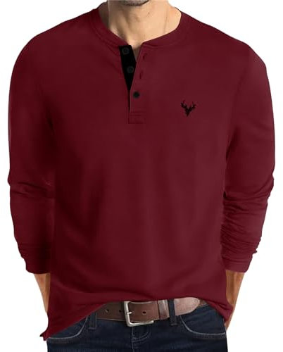 KUYIGO Men's Embroidered Henley Cotton Long Sleeve T-Shirt Casual Classic Shirt Tops for Men L Wine Red