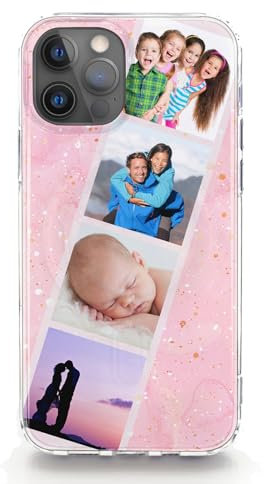 Personalised Phone Case For Apple iPhones, 16, 15, 14, 13, 12, 11 Pro, Max, Mini, Plus, Samsung S23, S24, S25 Gel Case Compatible with MagSafe, Custom Pink Marble Pattern Cover with Four Photo Collage