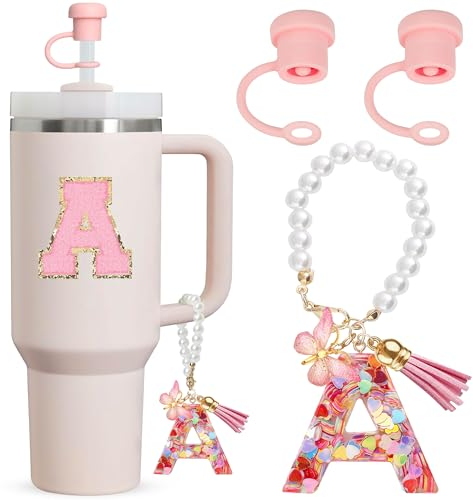 Letter Cup Accessories,4pcs Includs 2pcs Dustproof Straw Topper,1pc Letter Charm Accessories for Cup and 1pc Personalized Name ID A-Z Pearl Hangings Letter Stickers (A)