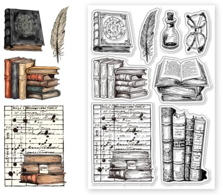 CHGCRAFT Transparente Silikonstempel Vintage Bibliotheksmuster Kunststoffstempel Für Selbstgemachte Scrapbooking Fotoalben Dekorative Karten Vintage Bücher Stempel Zum Basteln von Albumbasteln