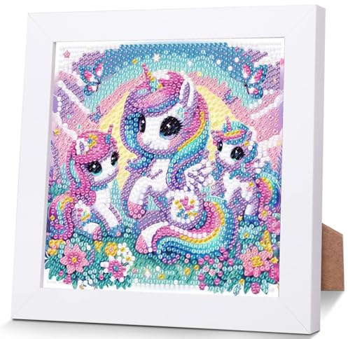 Einhorn Diamond Painting Kinder Mit Holzrahmen, Diamant Painting Kinder | Tiere 5D Diamond Painting Mädchen,DIY Mosaikherstellung Arts Craft für Home Wand Decor 18x18cm