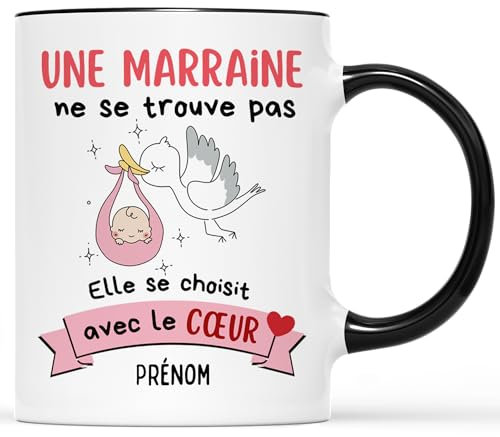 𝗖𝗔𝗗𝗘𝗔𝗨 𝗣𝗟𝗨𝗦 Mug Personnalisé Prénom - Marraine Se Choisit Avec Le Cœur - Cadeau Marraine, Cadeau Parrain Marraine Bapteme, Cadeau Marraine Personnalisé, Tasse Marraine, Mug Marraine