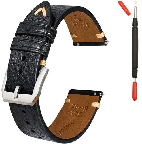 Gomvadr Quick Release Lederarmband, Öl Wachs Leder Uhrenarmbänder, Italienische Kalbsleder Uhrenarmbänder Ersatzband für Männer Frauen 16 18 19 20 21 22mm (20mm, Schwarz/Silberne Schnalle)