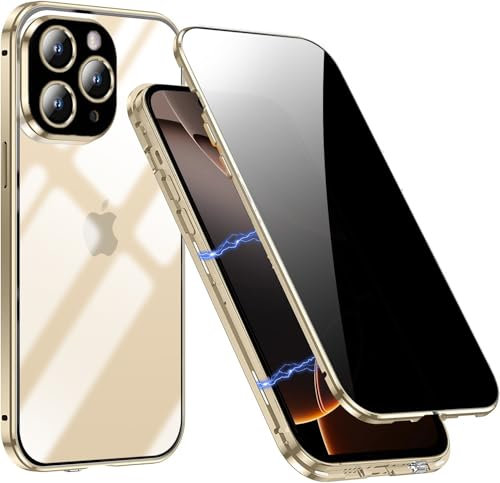 DoubCase for iPhone 16 Pro Privacy Anti-Peeping Glass Case with Magnetic Adsorption, Double-Sided Metal Bumper, 360° Full Cover Anti-Spy Protection, Desert Gold