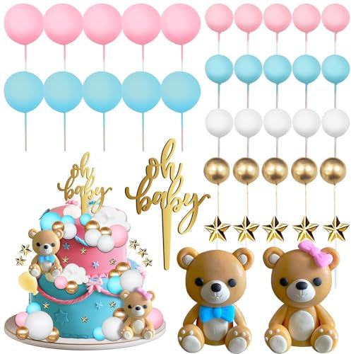 38 Pieces Bear Cake Topper Decorations Set- Oh Baby Cake Topper，Stars，Pearl Balls Cake Decoration for Gender Reveal party Baby Shower Supplies, He or She Gender Reveal Party（blue and pink）