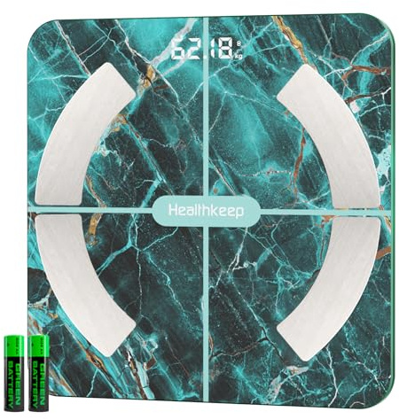 Healthkeep Personenwaage, Impedanzmesser, Bluetooth, hohe Genauigkeit, mit App, 13 Indikatoren für Android und iOS, max. 180 kg/400 lb/28 st, 28 x 28 cm – Marmorgrün