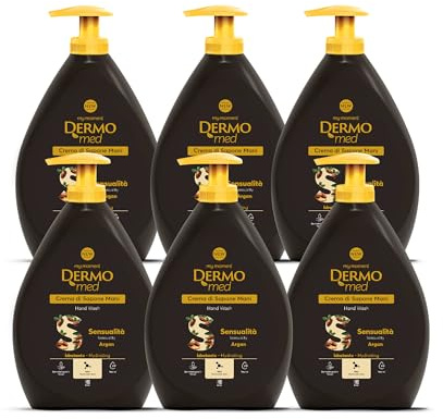 Dermomed Sapone Liquido Mani Sensualità all’Argan con Acido Ialuronico e Glicerina, Idratante, Emolliente e pH Neutro per Pelli Delicate, Dermatologicamente Testato, 600 ml x 6