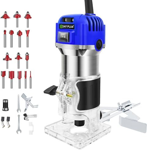 800W Electric Wood Palm Router Tool, Brushless Handheld Power Routers with with Trimmer Transparent Base, 15Pcs 1/4(6.35mm) Bits Set and Straight Guide, for Woodworking, Blue
