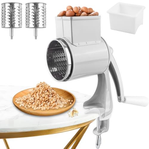 Manuelle Nussmühle mit 2 abnehmbaren Trommelblättern, Edelstahl Schnelles Schneiden Gemüsehobel, Manuelle Erdnussmühle mit Kurbel Nussmühle ideal als Nussreibe Mandelmühle Kartoffelreibe (Weiß)