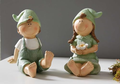 Dekoleidenschaft 2X Dekofigur Frühling Junge und Mädchen aus Polyresin, Gartenfigur wetterfest, Gartendeko für Draußen