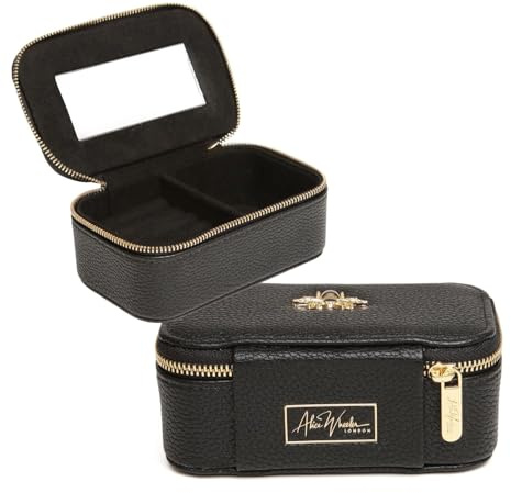 Alice Wheeler Travel Jewellery Small Box Organiser with Mirror, Gold Bee Detail, 13 x 8 x 6 cm (Black)