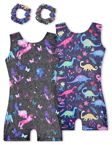 Tstiti Gymnastics Leotards for Girls 2 Pack Sparkly Kids Biketards Dance Unitards Matching Hair Scrunchies Fantasy Unicorn Blue Dinosaur 9-10 Years
