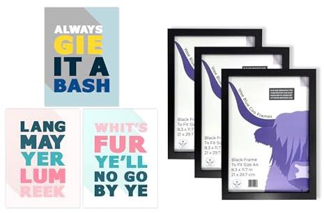 Artery8 Scottish Sayings Wall Art - Set of 3 A4 Sized Art with Black Frames - Good Wish Motivational Inspirational Expression Pastels