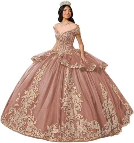 Yifanier Puffy Tüll Quinceanera Kleid mit Schleppe und 3D Gold Spitzenapplikationen Glitzernde Spitzenapplikation Quinceanera Kleider MT039
