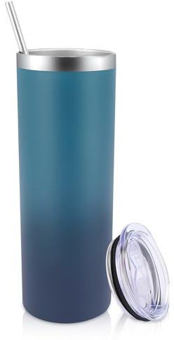 Volhoply 600ml (20oz) Skinny Tumbler with Lid and Straw, Stainless Steel Straight Tumblers Cup, Vacuum Insulated Coffee Mug for Home, Office, Travel, DIY (Dark Night,1 Pack)